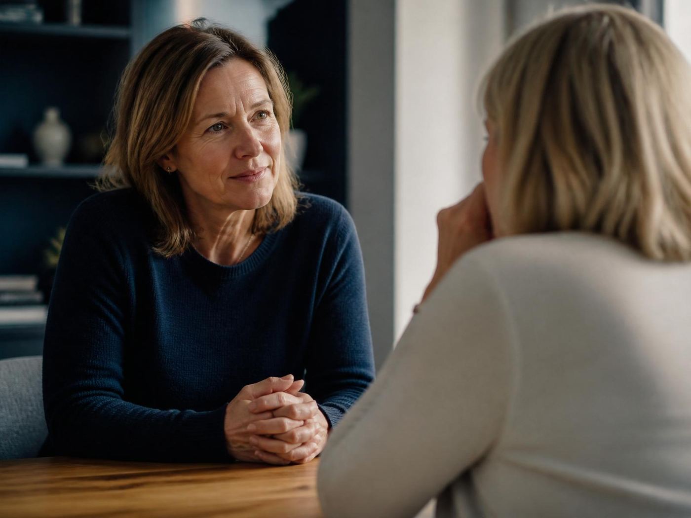 A clinician leaning in to listen attentively to a patient across a wood table in a calm, light-filled consulting room.